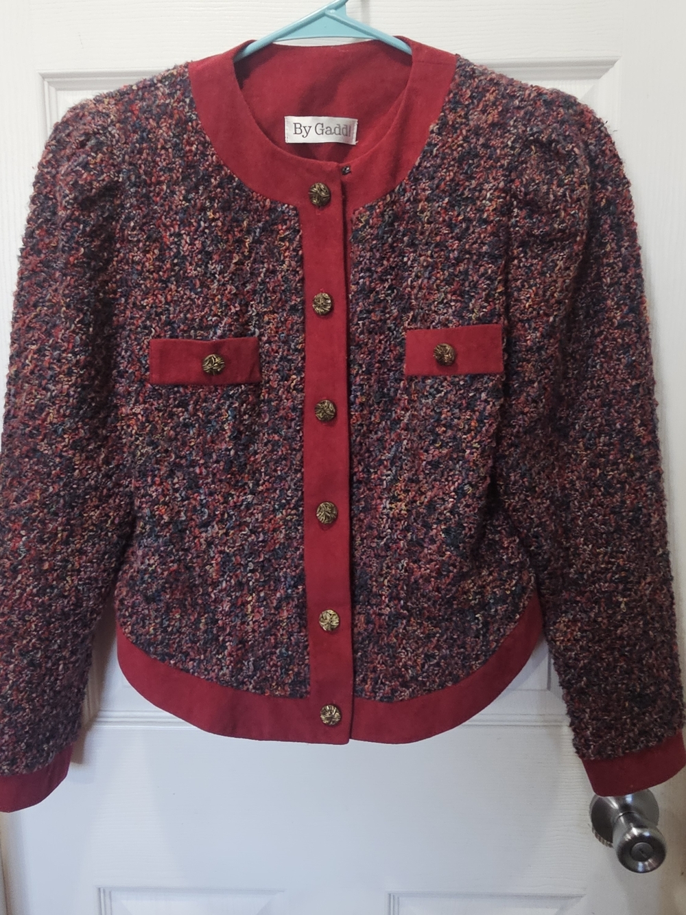 By Gadd! Vintage Red Burgundy  Multi Color Tweed Collarless Blazer